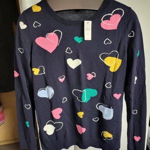 Talbots Lightweight Navy Sweater with Multi Colored Hearts